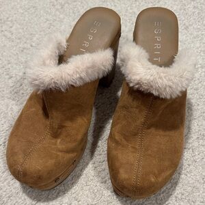 Esprit Brown Mules with Cream Faux Fur